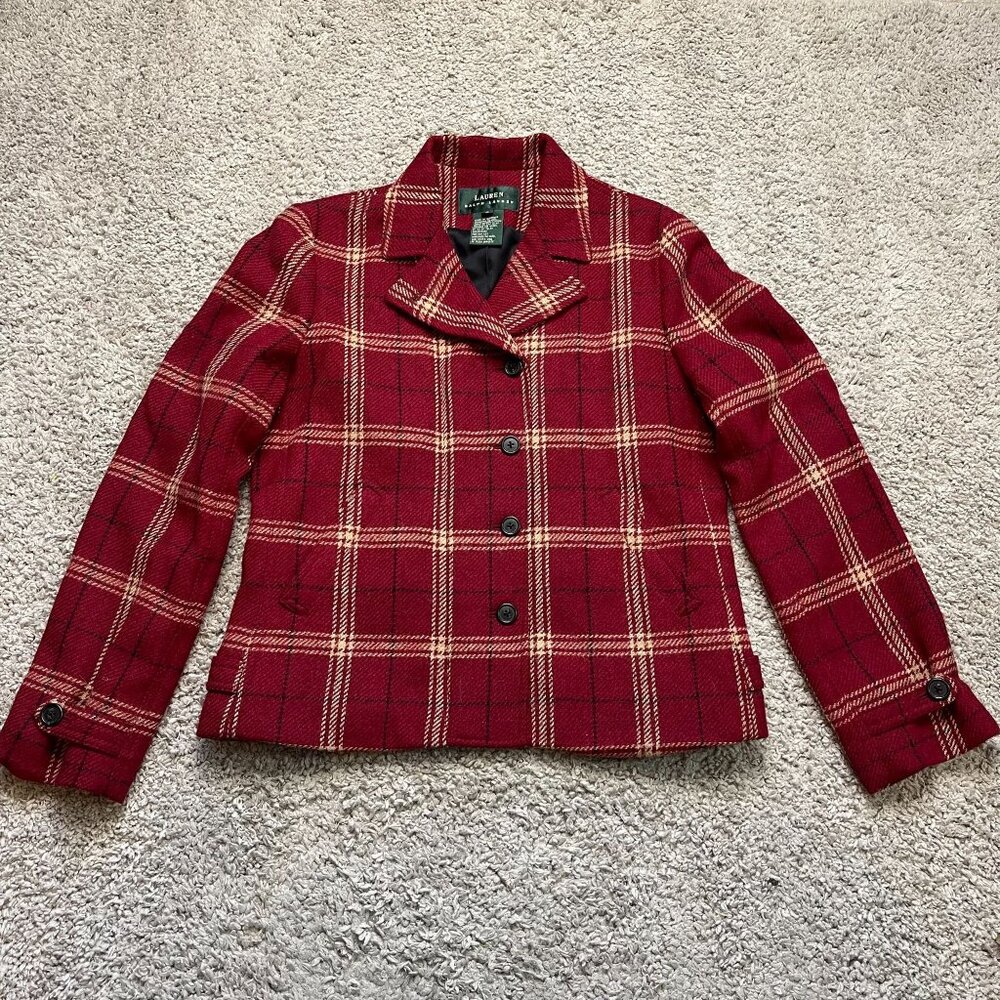 Lauren Ralph Lauren Womens Plaid Wool Jacket Blazer Red Size 6